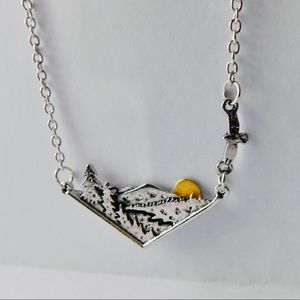 Mountain Sunrise Forest Silver Wandering Nature Chevron Pendant Gift Necklace